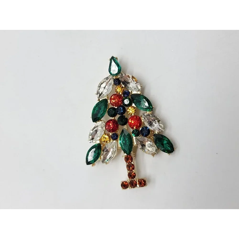 High Quality Signed Large Multi-Color Rhinestone Christmas Tree Brooch (C)